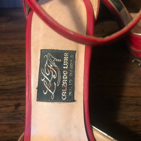 Vintage Red 3 inch Leather Pumps Heels, Gold Accents and Trim, Ankle Strap - Picture 3 of 10